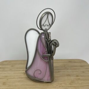 Pink Stained Glass Singing Angel Harp Free Standing Figurine Leaded Frame 8"